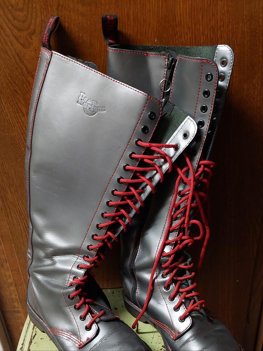 Dr. Martens - 20 Hole Knee High - Gray, Silver Lace-Up Boots with Red Laces
